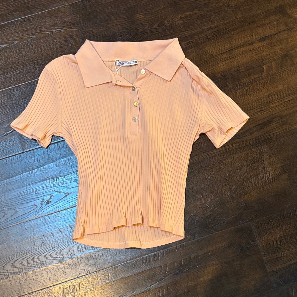 Zara Peach Ribbed Polo Top